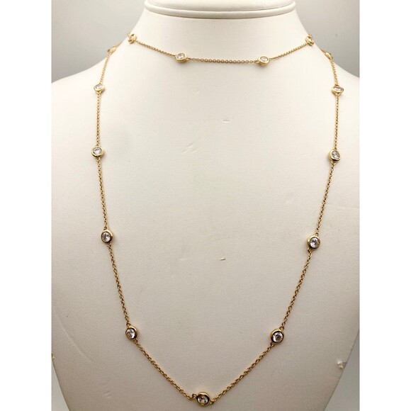 925 sterling silver 14k gold vermeil bezel set cz station long Necklace - Picture 1 of 6